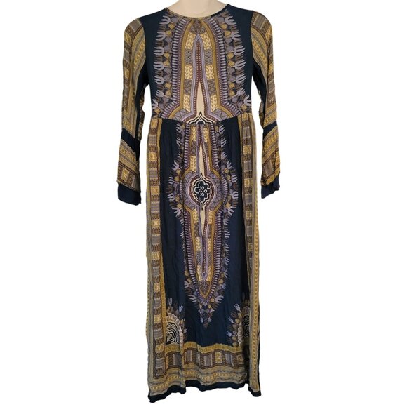 Earthbound Trading‎ Boho Maxi Dress Ethnic Print Flared Sleeves M Blue Green - Picture 4 of 7